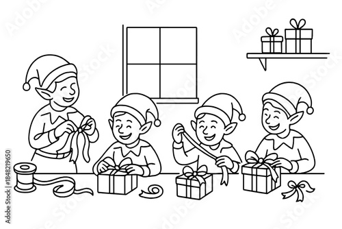 Elves Tying Ribbons. Santa’s workshop filled with cheerful elves ribbon station. Minimalistic one-line drawing