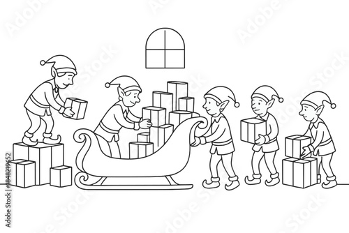 Minimalist Santa's Workshop. Santa’s workshop filled with cheerful elves packing sled. Minimalistic one-line