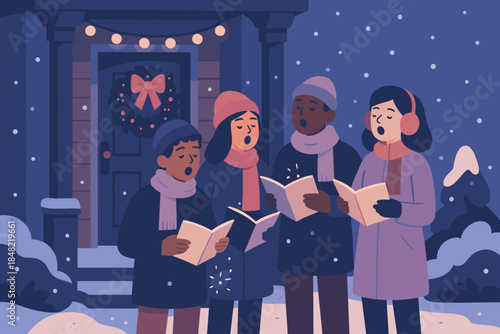 Snowy Caroling Gathering. Carolers at a snowy doorstep. A group sings beside a decorated porch, soft