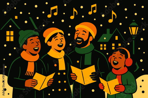 Joyful Snowy Carolers. Carolers singing joyfully in snowy streets. A cheerful group gathers under drifting