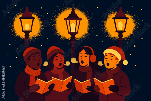 Carolers Under Twinkling Lights. Carolers under twinkling street lights. Street lamps form radiant halos as a