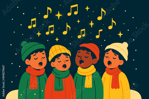 Children Singing in Snow. Children singing in the snow. Kids bundled in bright scarves sing with glowing notes