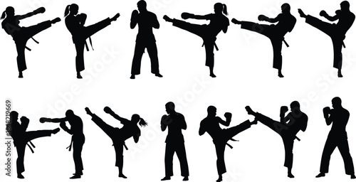 Martial arts karate silhouette set with fighters performing kicks punches and combat stances isolated on white background black sports vector illustration