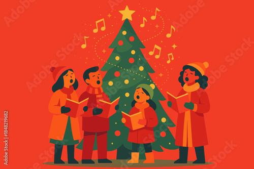 Festive Caroling Scene. Carolers gathered around a tree. A tall decorated tree glows while singers harmonize,