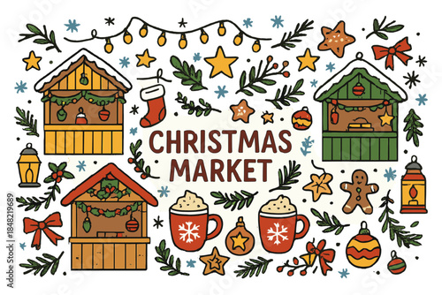 Festive Christmas Market. Christmas market. Hand-drawn doodle illustration of Christmas market. Market stalls,