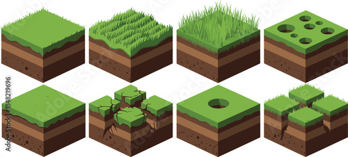 Isometric grass soil block set with terrain layers ground tiles holes cracks nature landscape vector illustration collection