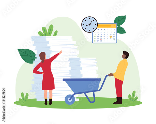 Chaos in office paperwork storage, unorganized business information, bureaucracy. Tiny people driving stack of paper documents on wheelbarrow to pile of archives and sheets cartoon vector illustration