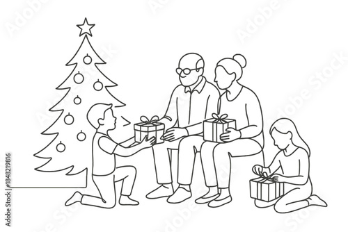 Minimalist Christmas Scene. Family opening gifts on Christmas morning grandparents visit. Minimalistic