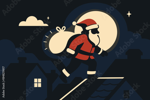 Santa's Moonlit Delivery. Santa delivering presents under moonlight. Santa glides across rooftops with a