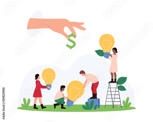 Sell new business ideas, success of startup investment deal. Giant hand of businessman giving money to tiny people with bright light bulbs, pay cash for innovation cartoon vector illustration