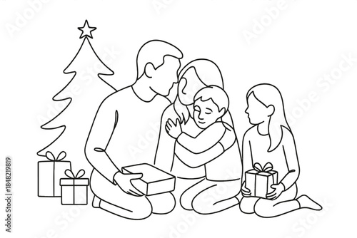 Christmas Morning Hug. Family opening gifts on Christmas morning warm hug. Minimalistic one-line drawing child