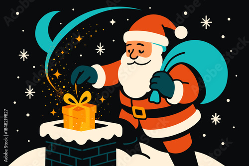Santa's Starry Delivery. Santa at a snowy chimney. Santa lowers a glowing gift into a chimney, stardust