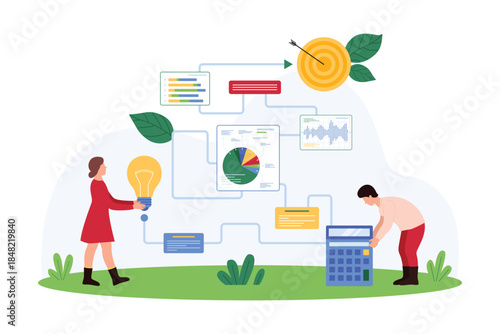 Business project development. Tiny people with light bulb and calculator work on digital charts and graphs in schedule for success achievement, plan effective strategy cartoon vector illustration