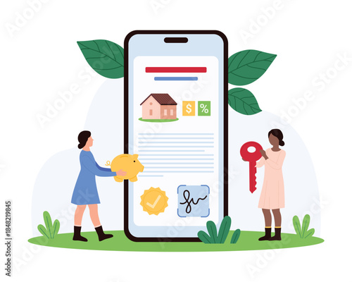 Buying real estate online, property contract with electronic signature in mobile app. Tiny people holding piggy bank and key to buy and sell house on smartphone screen cartoon vector illustration