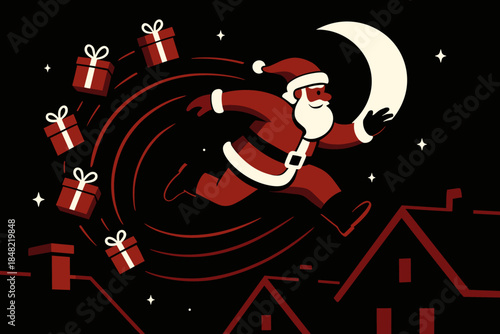 Santa's Moonlit Gifts. Moonlit gift trail. A trail of presents floats behind Santa as he leaps between