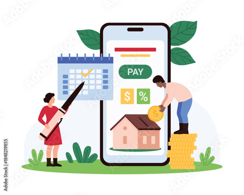 Monthly mortgage payment for family house, real estate loan plan. Tiny people check payday for property in calendar, pay for house with reminder on smartphone screen cartoon vector illustration