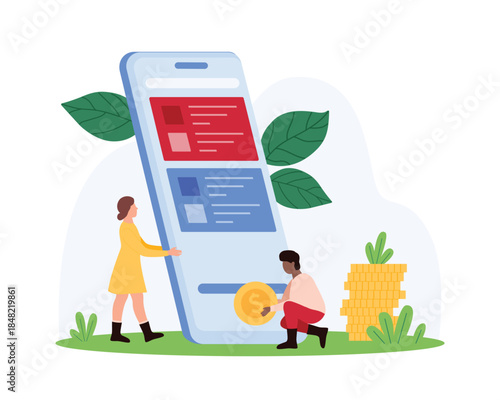 Payment, money transaction between two credit cards in mobile app. Tiny people hold coins and big smartphone to transfer money for purchase or debt, fee of customer cartoon vector illustration