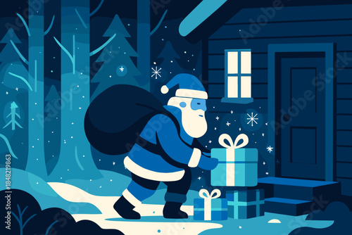 Santa's Forest Delivery. Santa delivering gifts in a quiet forest. Trees glow faintly as Santa leaves presents