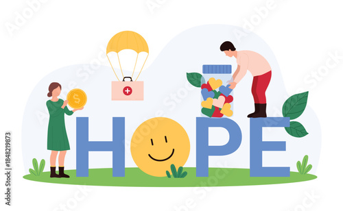Charity, community assistance and support, human solidarity poster design. Tiny people share money and hearts to donation jar at Hope word, parachute giving first aid cartoon vector illustration