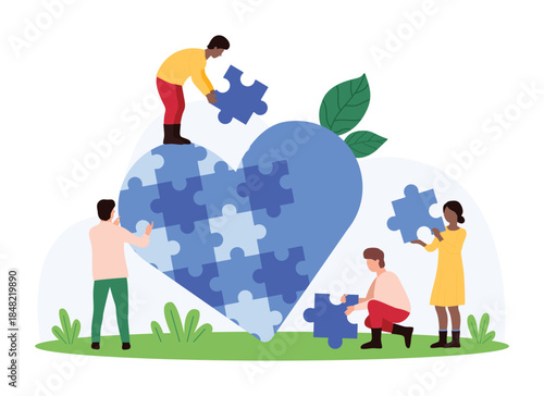 Charity project and sponsorship, non profit organization and cooperation of volunteers to donate love, assistance and support. Tiny people group putting together puzzle cartoon vector illustration