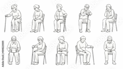 Elderly people sitting in various poses with and without canes