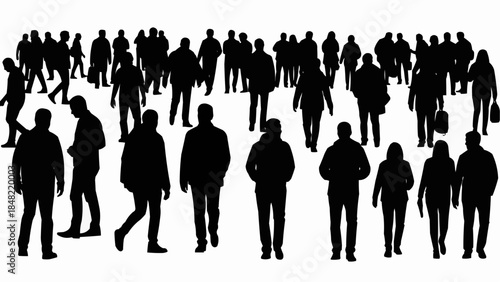 Large crowd of people walking in various directions in black silhouettes