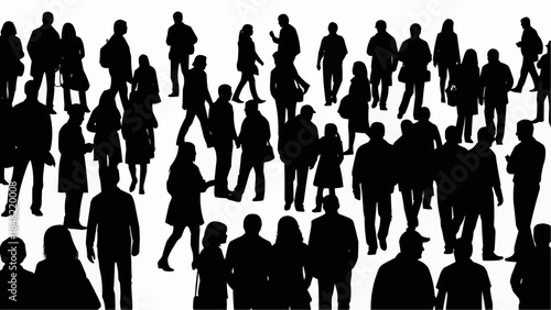 Crowd of people walking in different directions in black silhouettes