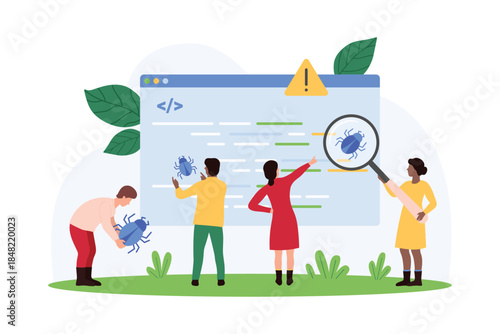 Bugs search in software and mobile app code, testing. Tiny people look through magnifying glass on bug, testers inspect and analyze program commands, zoom virus and trojan cartoon vector illustration