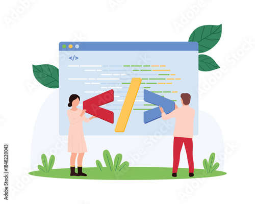 Program and software code development. Tiny people coding, programmers work with script on screen, developers and coders programming web browser code online in window cartoon vector illustration