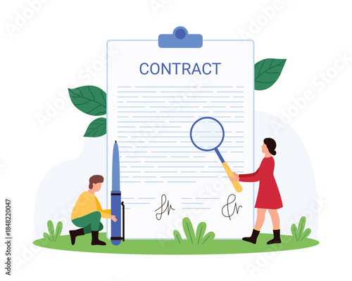 Paper document and data research, legal agreement investigation. Tiny people hold magnifying glass to study contract and pen to sign, lawyers analyze and search mistakes cartoon vector illustration