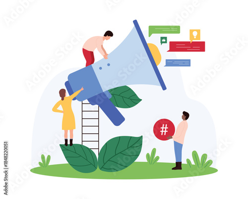 Announcement of important message, attention in digital marketing communication. Tiny people notice special information with big megaphone, tag and speech bubbles with text cartoon vector illustration