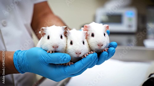 White guinea pig pups held by gloved hands