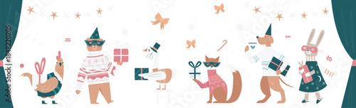 Christmas animals vector illustration. Cartoon funny animal characters wearing scarf, warm sweater and festive dress, holding gifts for celebrating winter holidays party, xmas poster background