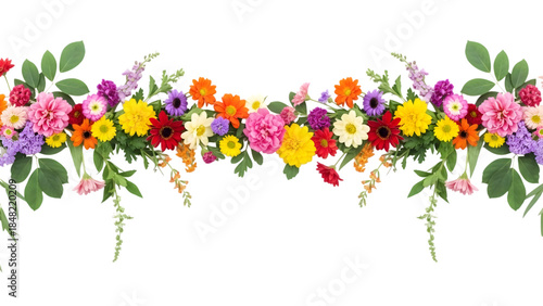 Colorful flowers and leaves on a stem isolated on a transparent background green