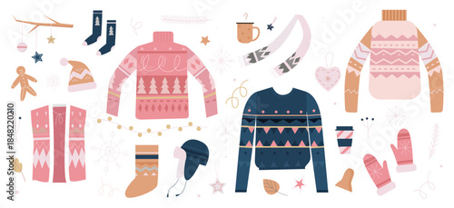 Christmas vector illustration set. Cartoon winter clothing and accessories collection, sweater knitwear with various ornaments, warm hat and mittens, socks and festive decoration for Christmas tree