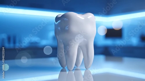 White molar tooth model reflecting on glossy surface with blue light background