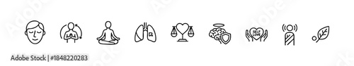 Black-and-white wellness icons showing meditation, breathing, emotional balance, self-love, and nature.