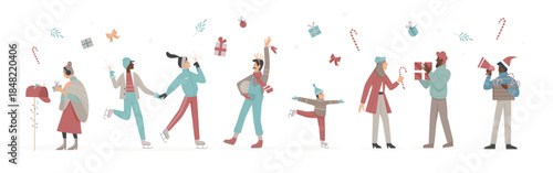 Happy people enjoy Christmas time vector illustration set. Cartoon active characters celebrate winter holidays with xmas gifts, sparklers and Christmas decorations, skate on ice rink background