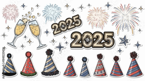 New Year's celebration elements with fireworks and party hats for 2025