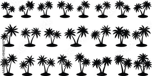 Palm tree silhouette set with tropical island coconut trees isolated on white background black nature vector illustration collection