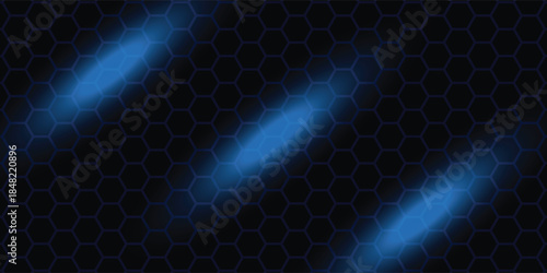 Dark blue abstract wide horizontal banner with hexagonal carbon fiber grid and glowing blue stripes. Technology vector background with blue neon stripes