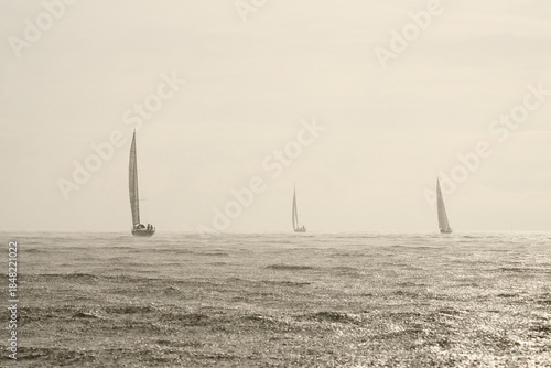 Sailing regatta in the Gulf of Finland in heavily rain, few sailing yachts competing in a race, splashing water from under the boats, teamwork, board the boat