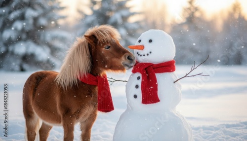 Small brown pony and happy snowman wearing matching red scarves stand together in snowy field during winter
