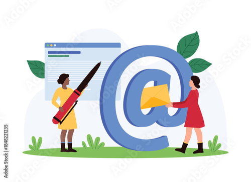 Email communication, write and send letter to contact. Tiny people holding pen and paper envelope to compose new text and message, work as professional writer and master cartoon vector illustration