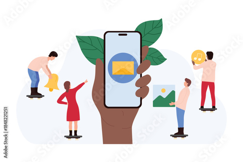 Notification of new message, email and SMS in mobile app. Giant hand holding smartphone with envelope, tiny people with multimedia icons of music files and pictures, bell cartoon vector illustration