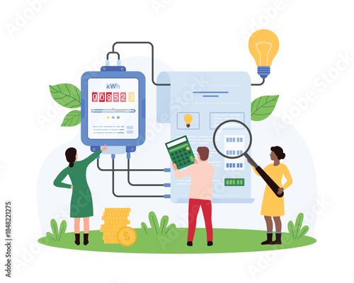Electricity bill payment, inspection of electric meter readings. Tiny people check with magnifying glass digital utility bill to pay per kilowatt of electricity consumption cartoon vector illustration