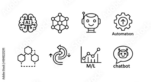 Black-and-white AI icons showing neural networks, automation, machine learning, robotics, and.