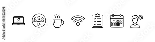 Black-and-white remote work icons showing laptop, video call, coffee, checklist, calendar, and settings.