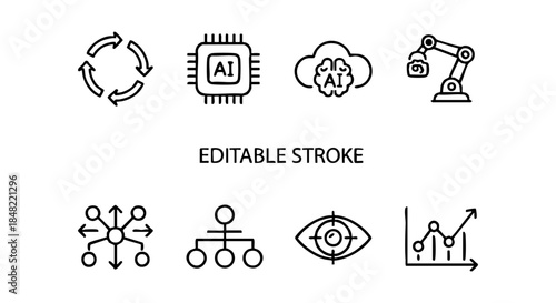 Black-and-white AI icons showing cloud intelligence, robotics, computer vision, data flow.