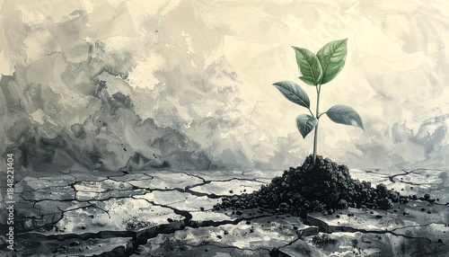 A green plant growing from cracked dry soil